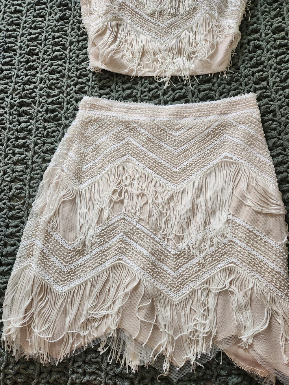 Lulu's White Fringe Beaded Mini Skirt Set - Picture 2 of 8